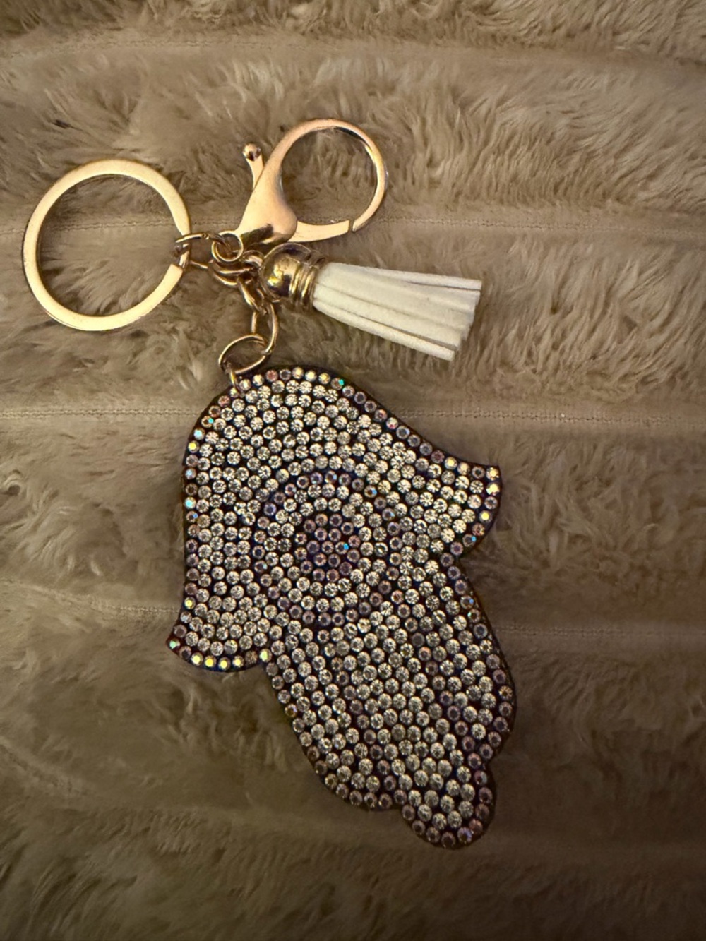 Rhinestone Hamsa Hand Keychain with White Tassel, NEW!
